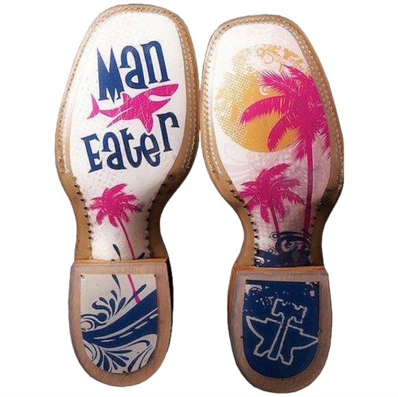 TIN HAUL "Man Eater" shark distressed leather cowgirl boots square toe sz 9.5 - Picture 4 of 16